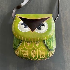 Owl Cross Body Purse Genuine Leather Mini 6 X 6-1/2 Inches Green Color